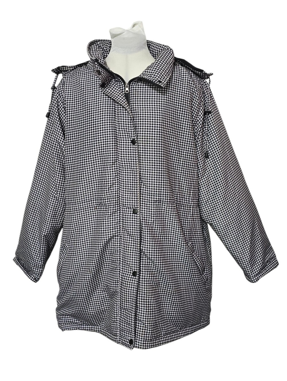 VTG Easy Essentials Gingham Winter Puffer Jacket Black White Hooded Womens 2X